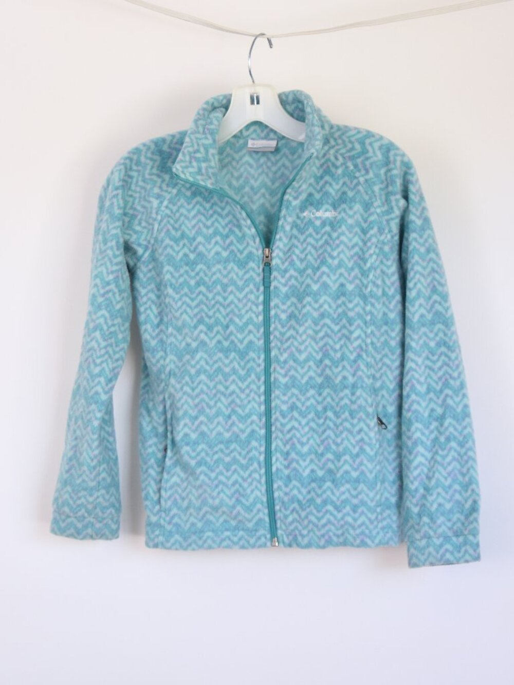 Columbia Girls Size Large 14/16 Fleece Jacket Teal Blue Chevron Full-Zip Pockets